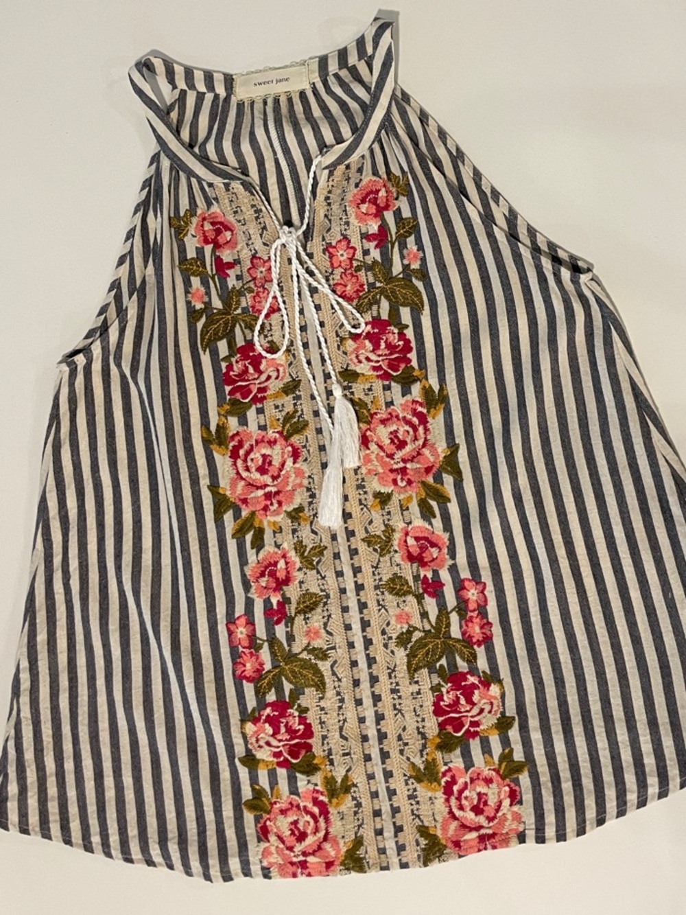 SWEET JANE Striped Halter Tank with Pink Floral Embroidery • Medium